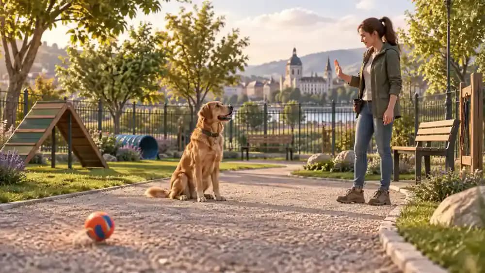 Owner guiding a leashed dog along an enclosed park path while maintaining a controlled distance from a rolling rubber ball during leave it practice.