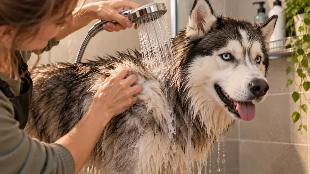 Clear water flowing over a husky's shoulder in a shower as the owner separates the dog's thick, wet fur with their fingers to rinse beneath the coat.