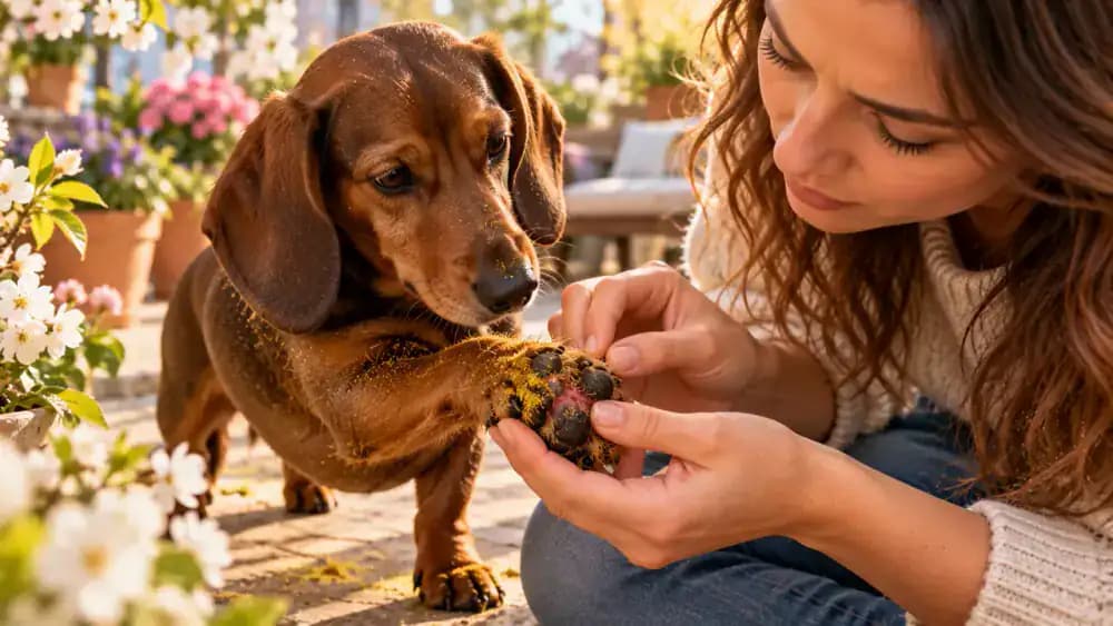 Reddish-brown dachshund resting on a cushioned garden terrace bench while its owner gently separates fur around a front paw, revealing fine yellow pollen and slight pinkness near the toes, with a walking-route notebook nearby.
