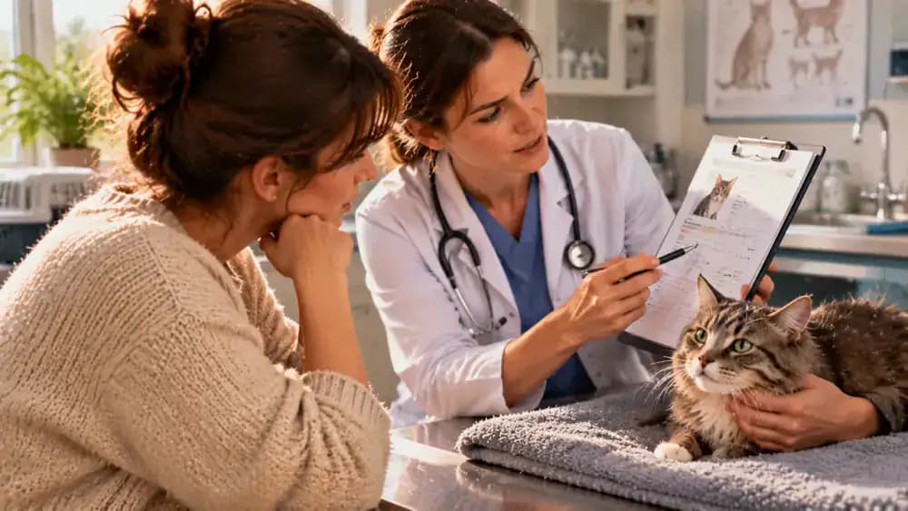 Veterinarian reviewing updated pet health notes with an owner, with additional views of a growing puppy, a senior cat receiving an examination, and a newly adopted kitten settling into its home.