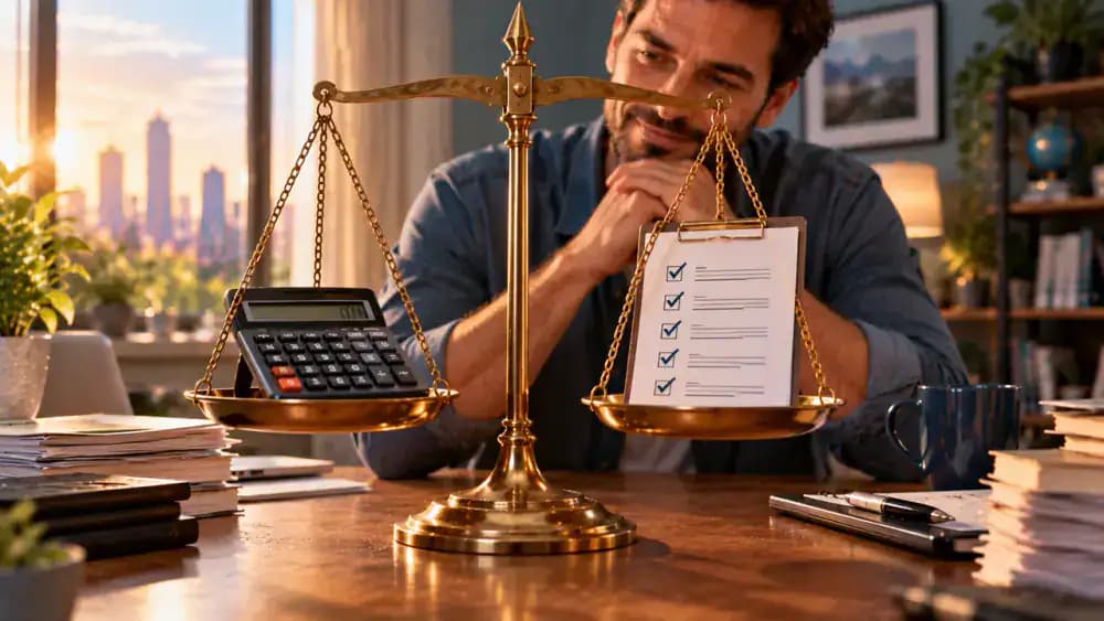 Balance scale with calculator on one side and progress checklist on the other