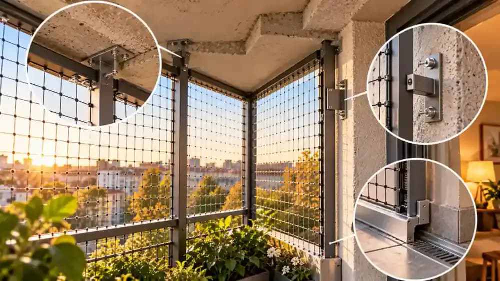 Detailed architectural cutaway of a professionally designed balcony enclosure showing protective panel connections to a textured concrete wall, drainage channel, and irregular ceiling corner while an installer explains the junctions to the owner.
