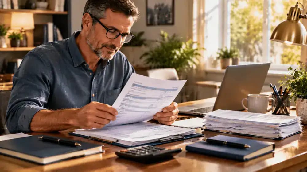 Taxpayer carefully reviewing a completed return at a tidy desk with documents arranged in order.