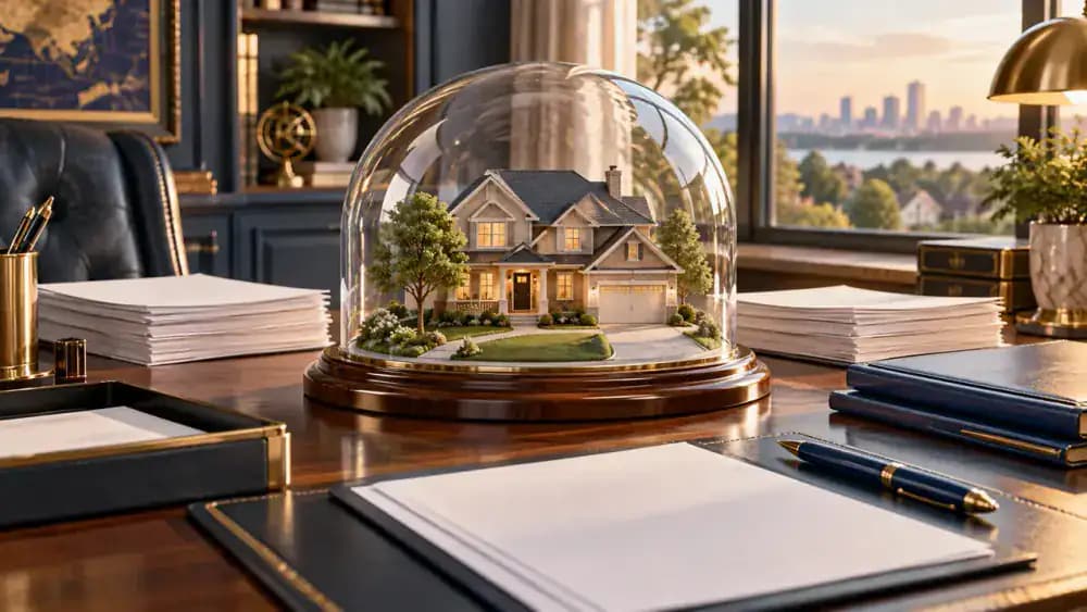 Miniature home protected beneath a transparent glass dome and surrounded by orderly financial paperwork.