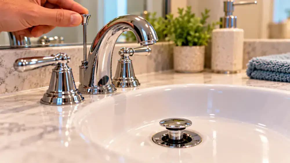 Two-panel close-up of a gloved homeowner operating the chrome lift rod behind a bathroom sink faucet while the matching pop-up stopper rises and lowers inside a white porcelain basin, showing its open and closed positions.