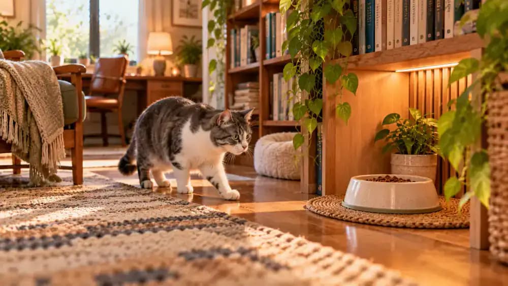 Fluffy gray-and-white cat exploring a quiet home library as its familiar ceramic food bowl is gradually moved from its original position into a sheltered feeding corner.