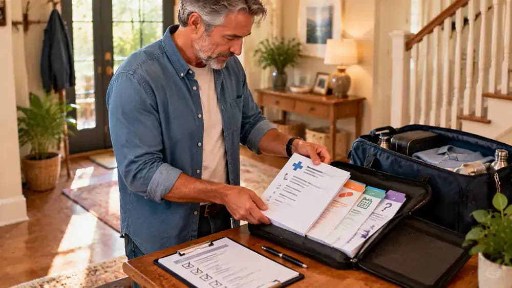 Adult patient checking a fictional specialist appointment packet against a final checklist, placing the appointment confirmation, one-page summary, medication list, records index, and question sheet into a protective document case while leaving outstanding records marked for follow-up.