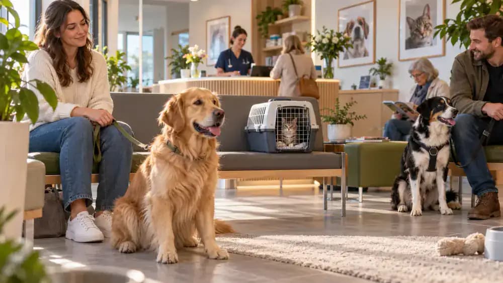Calm veterinary waiting room with a leashed golden retriever and a secure cat carrier separated from other animals