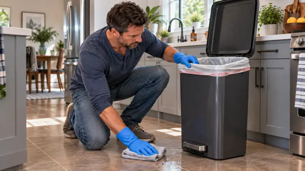Person wearing gloves opening a clean kitchen trash can and checking the liner placement, bag edges, inner rim, and small moisture spots during a routine inspection.