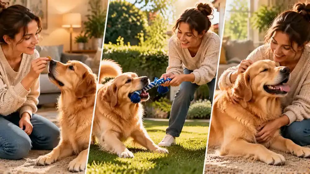 Golden retriever enjoying a small training treat, a gentle tug game, and affectionate praise from its owner in three different settings.