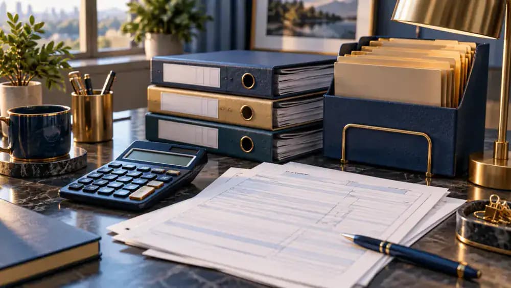 Calculator and organized tax documents representing the tax treatment of life insurance cash value.