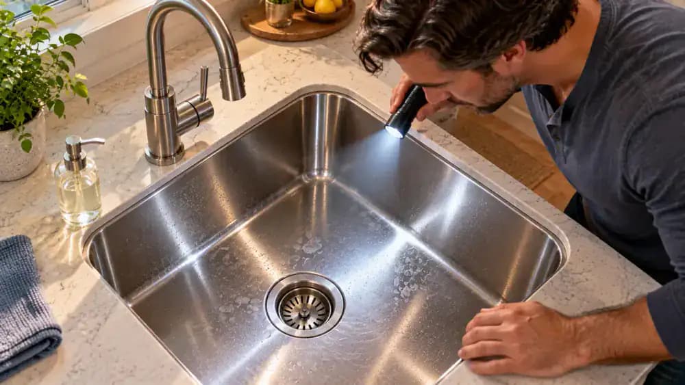 Overhead diagonal view of a homeowner holding an LED flashlight above a dry stainless steel kitchen sink, using angled light to inspect faint cloudy hard water spots, the drain rim, and faucet base.