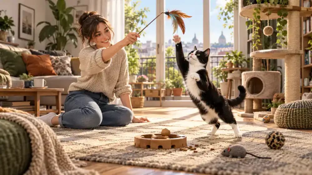 Energetic black-and-white cat playing with an owner's feather wand in a sunny living room, surrounded by a kibble-filled puzzle feeder, tall carpeted cat tree, and soft elevated resting shelf.