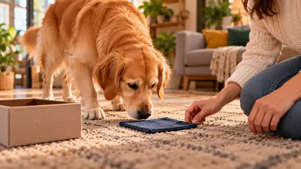 Owner gently placing a lightweight fabric square on the floor while a dog sniffs it, then presenting a stationary open cardboard box for voluntary exploration before offering a treat.