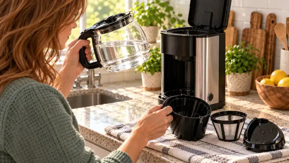Hand inspecting clear rinse water in a coffee maker carafe under bright kitchen light while checking the open reservoir before reinstalling the clean basket and reusable filter