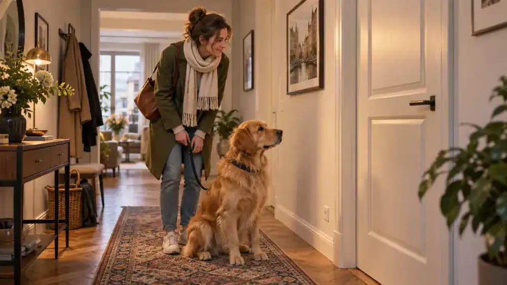Friendly golden retriever sits calmly on a leash beside its visiting owner in a modern apartment living room, while a closed bedroom door down the hallway protects a gray tabby resting inside its private retreat.