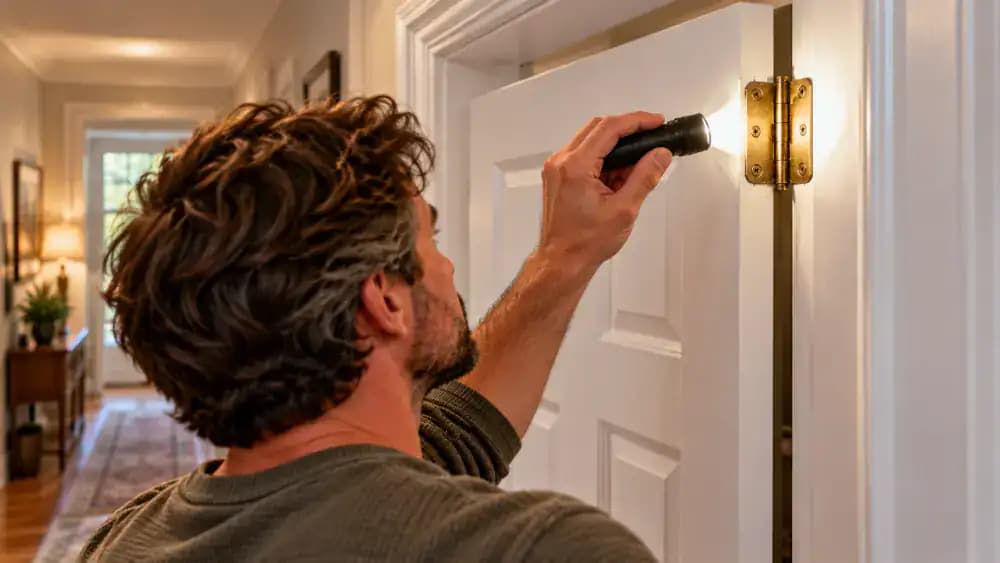 Low-angle view of a homeowner kneeling beside an open white interior door, using a flashlight to inspect the middle brass hinge while holding a manual Phillips screwdriver near the lower hinge. A folded cardboard shim supports the door above the hardwood floor.
