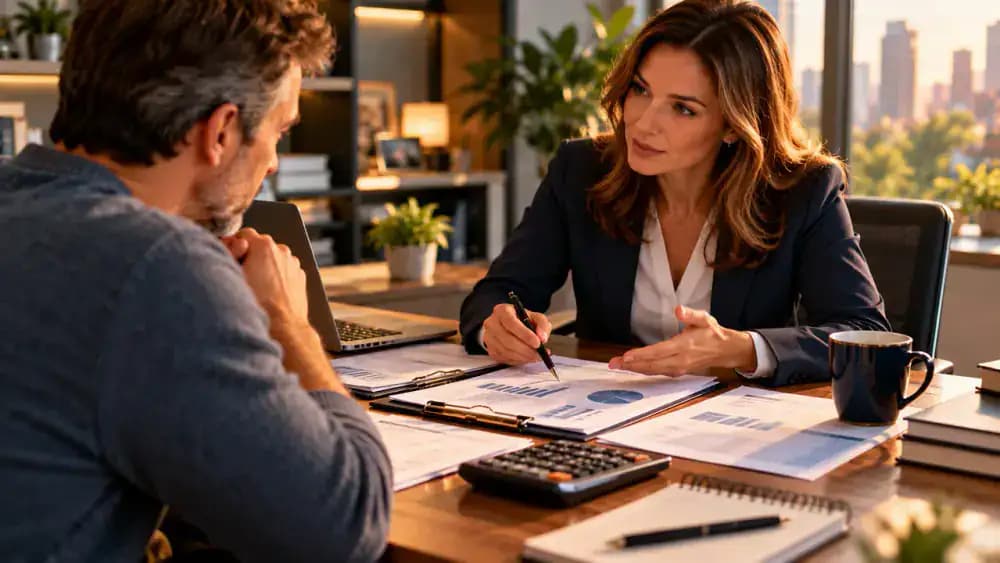 Financial counselor discussing debt management options with a client in a professional office.