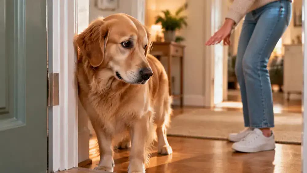 Three doorway training setups showing a secured sliding patio door, an interior door opening slightly, and a heavier door moved slowly by the owner while the dog stays at a safe distance.