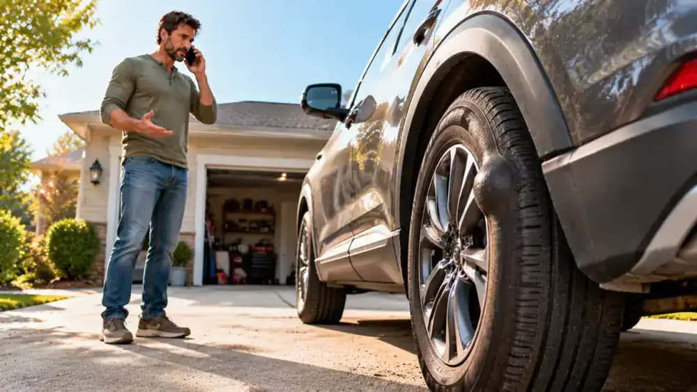 Driver standing several feet from a parked SUV's front wheel, observing a distinct outward bulge in the tire sidewall while holding a smartphone to arrange professional tire service.