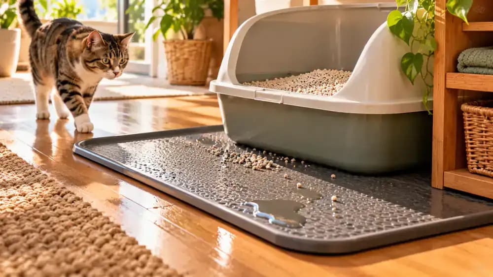 Cat litter box on a hardwood floor with a simulated liquid spill near its edge, a cross-section illustrating moisture entering floor joints, and a waterproof mat protecting the floor as the owner inspects underneath and wipes a nearby wall.