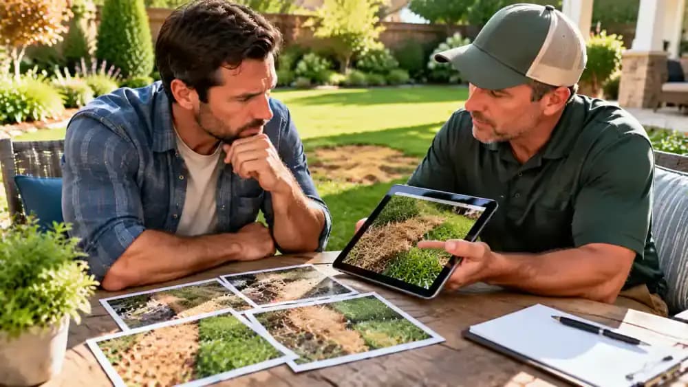 Homeowner reviewing close-up photos of discolored lawn grass on a tablet with a lawn care professional at an outdoor garden table.