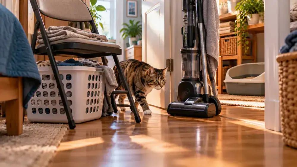Family home litter area where a folding chair, laundry basket, and vacuum cleaner obstruct access, followed by an owner clearing the objects so a cat can approach its tray freely.