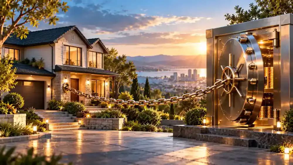 Residential house connected to a secured bank vault by a discreet metallic chain representing the lender's property lien.