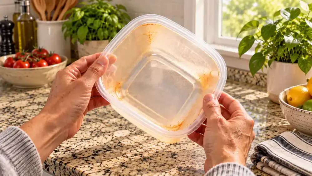 Hand inspecting a dry, transparent plastic food container with persistent orange tomato stains along the bottom and lower corners on a dark gray nonslip mat atop a white kitchen counter, with the separately dried lid and silicone gasket beside it.