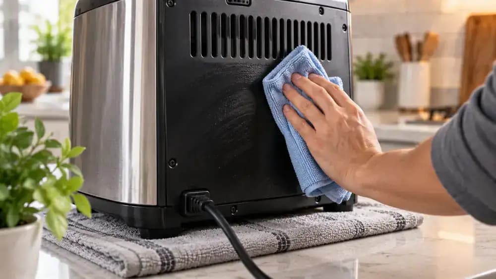 Unplugged appliance on a dry counter as a hand wipes faint soap residue from a solid side panel with a well-wrung microfiber cloth, keeping vents, controls, seams, plug, and cord connection dry.