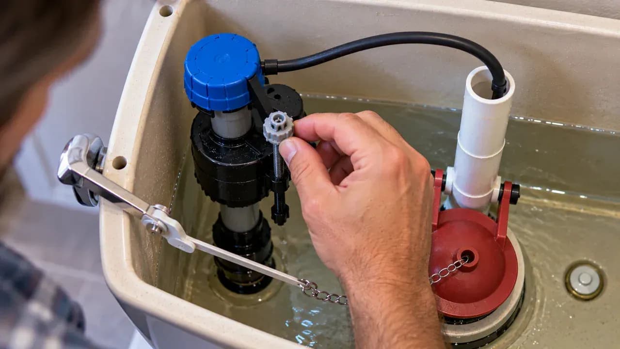 Overhead view inside an open toilet tank showing a hand making a small quarter-turn adjustment to the fill valve screw, with the water supply off and a marker indicating the target water level below the overflow tube.