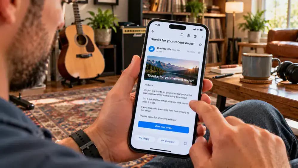 Adult tapping a welcome email in a Gmail inbox on an Android smartphone mounted on a black stand at a maple counter in a bright home music room.