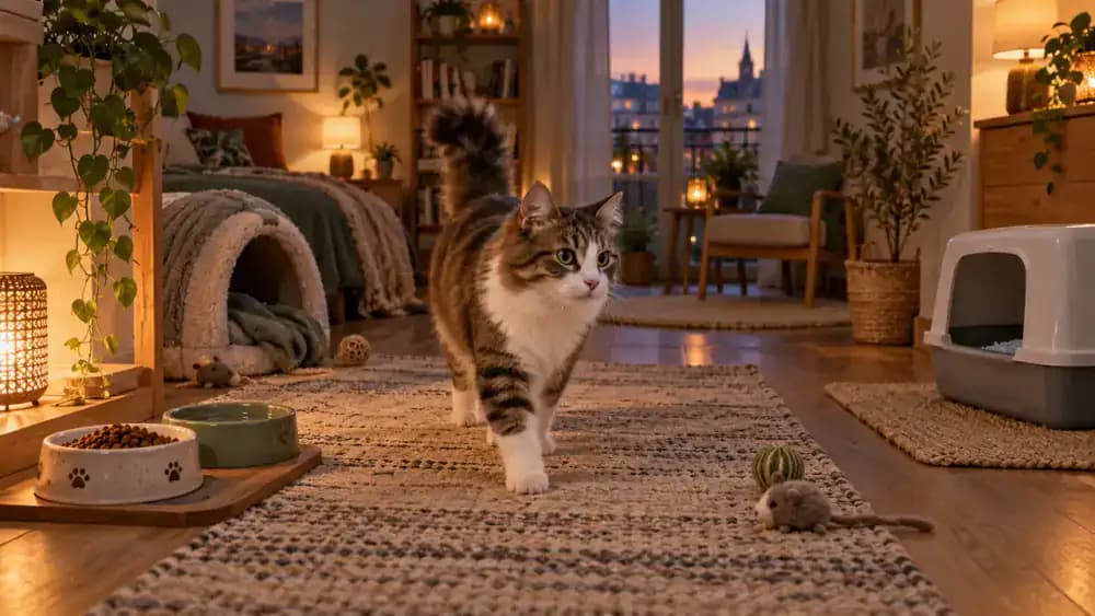 Owner opening a cat carrier on the floor after closing the starter room door