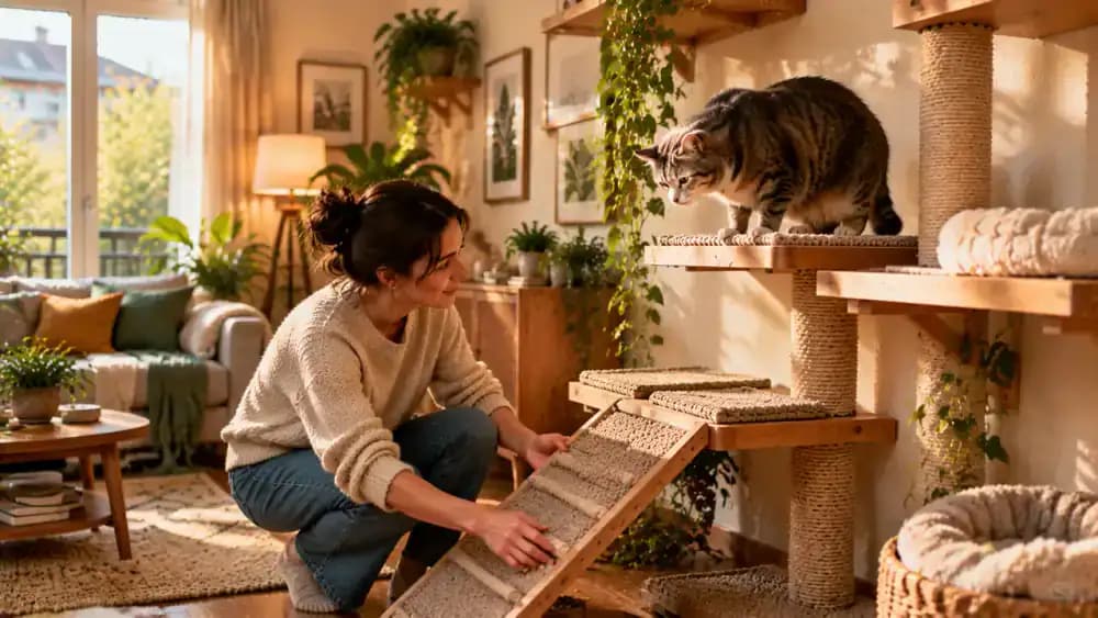 Older cat hesitating before a familiar climbing platform as its owner lowers a nearby step and stops the session, followed by the owner discussing the cat's behavior with a veterinarian.