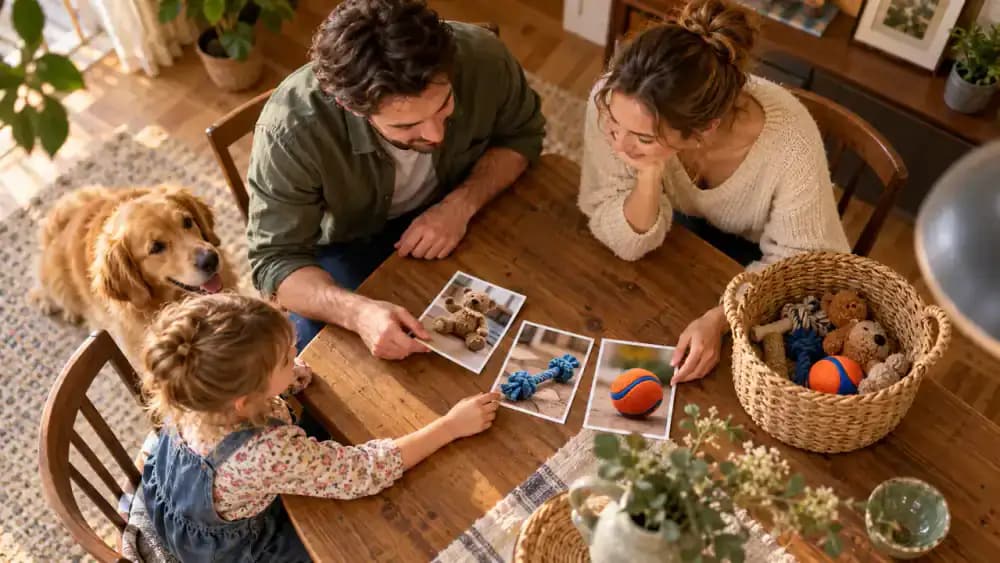 Two adults and a child creating a picture chart labeled Ball, Rope, and Bear beside a golden retriever and a toy storage basket.