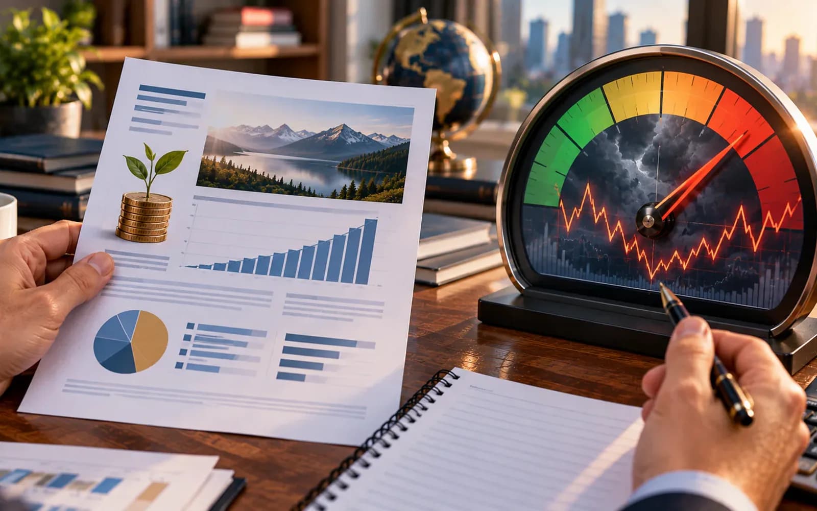 Low-cost investment fund shown beside market risk indicators