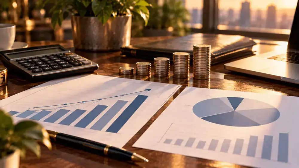 Two blank financial comparison charts beside a calculator and coins illustrating different ways to measure borrowing costs.