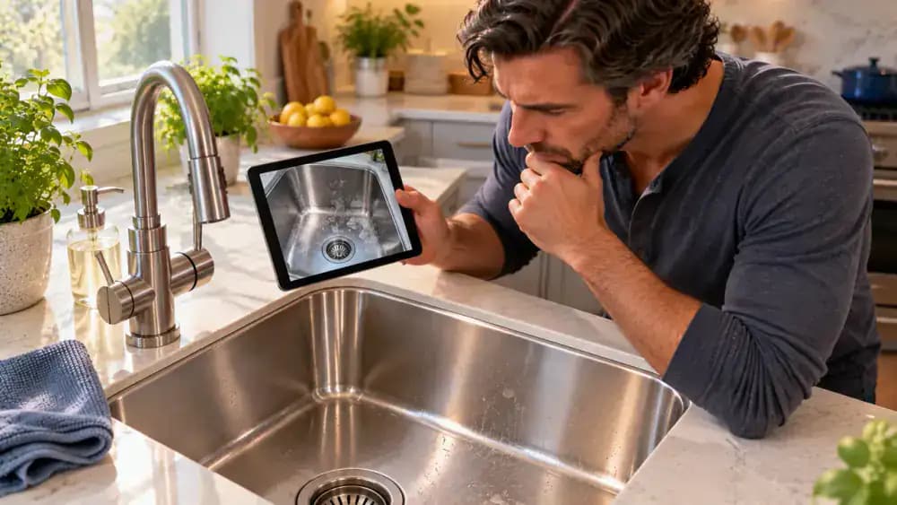 Homeowner holding a tablet displaying an earlier photograph of white hard water deposits beside a cleaned stainless steel kitchen sink, comparing mineral spots around the faucet, drain rim, and basin walls.