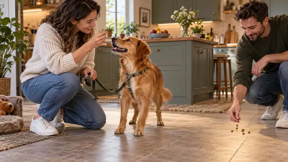 A helper drops plain kibble onto a kitchen floor while a handler rewards a leashed dog for looking away from the food.
