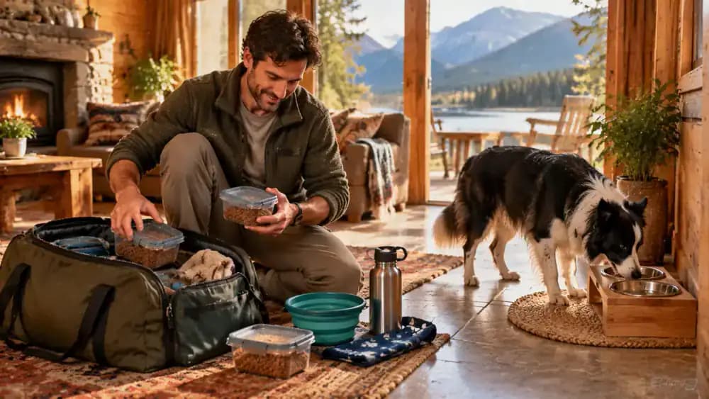 A traveler packs premeasured pet food, a folding bowl, bottled water, and a handwritten feeding schedule in a bright vacation cabin while a Border Collie explores its designated feeding area.