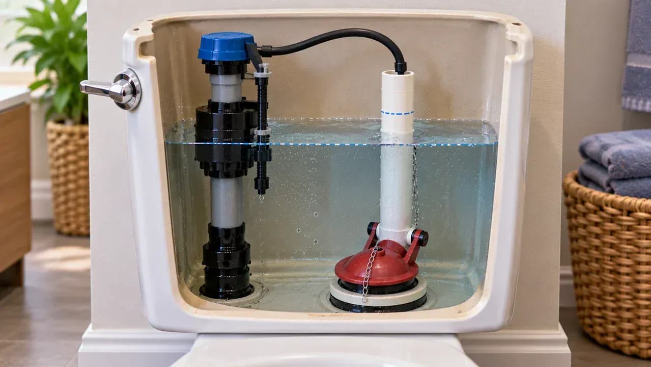 Transparent side view of a toilet tank refilling, with visible tank hardware, a temporary water-level marker below the overflow tube, and the fill valve stopped after the water reaches the marker.