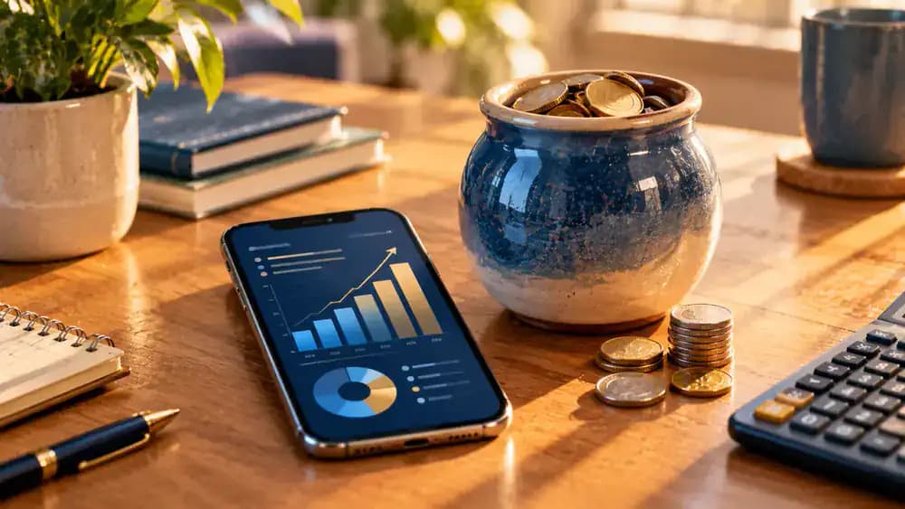 Smartphone displaying abstract savings graphics beside a ceramic coin jar on a wooden desk.