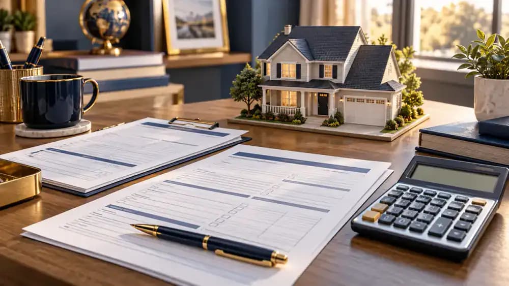 Model house surrounded by blank tax documents and a calculator on a neutral desk.