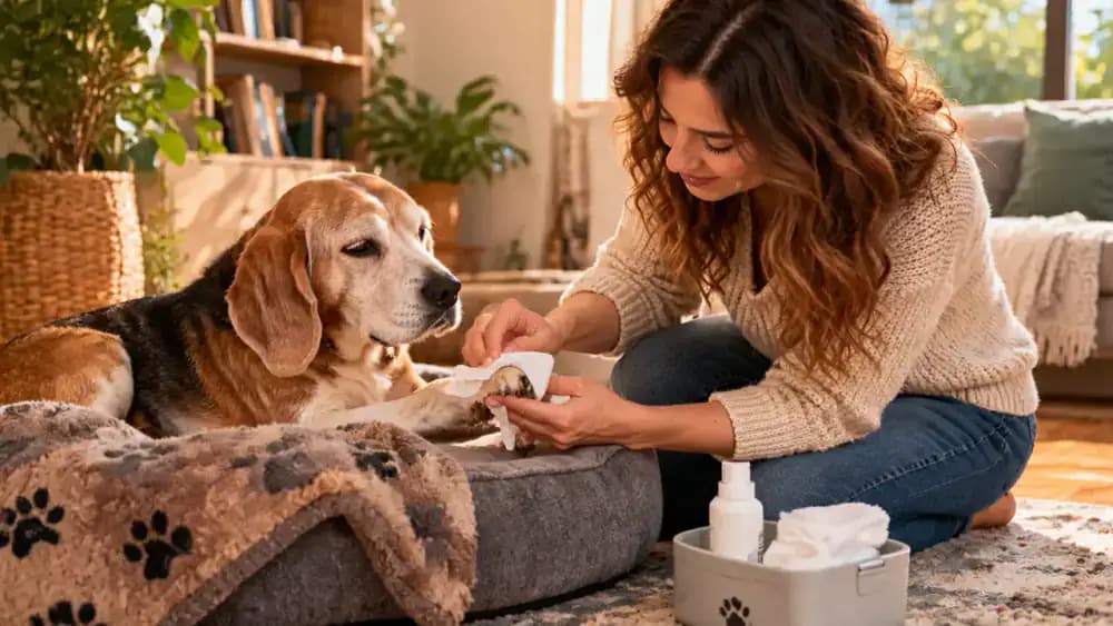 Elderly silver-muzzled beagle lying on an orthopedic dog bed beside a fireplace while its owner gently cleans a supported front paw with a damp cloth.