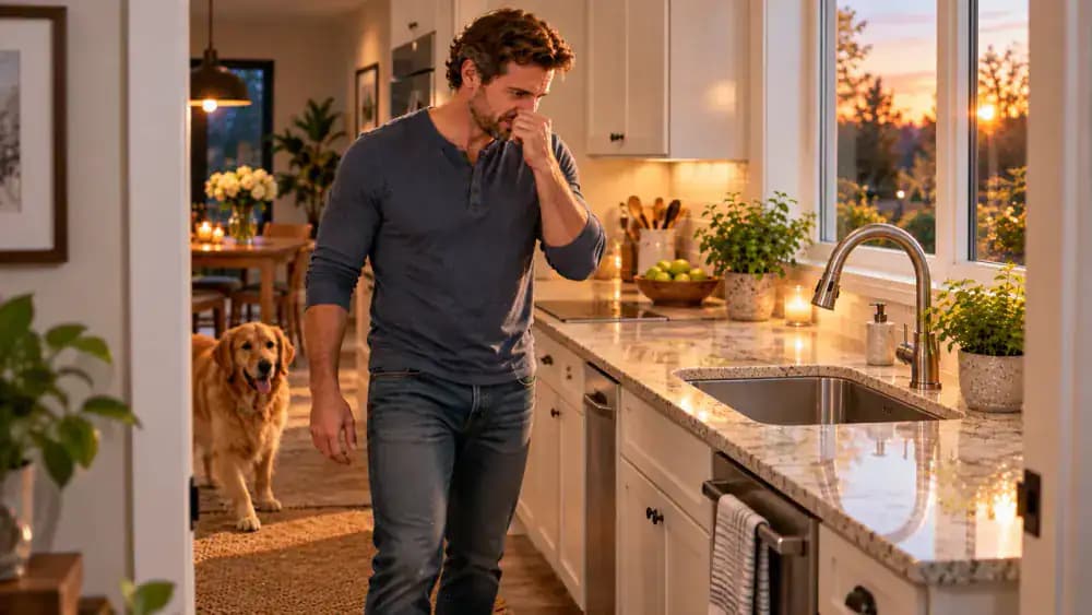 Homeowner standing several feet from a clean kitchen sink with no standing water, noticing a persistent sewage odor and placing a plumbing service reminder beside the phone while the garbage disposal remains off.
