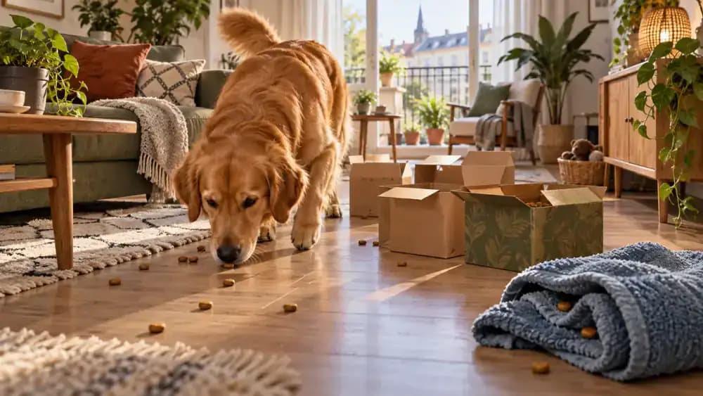 Measured dog meal divided among floor, box, and towel searches