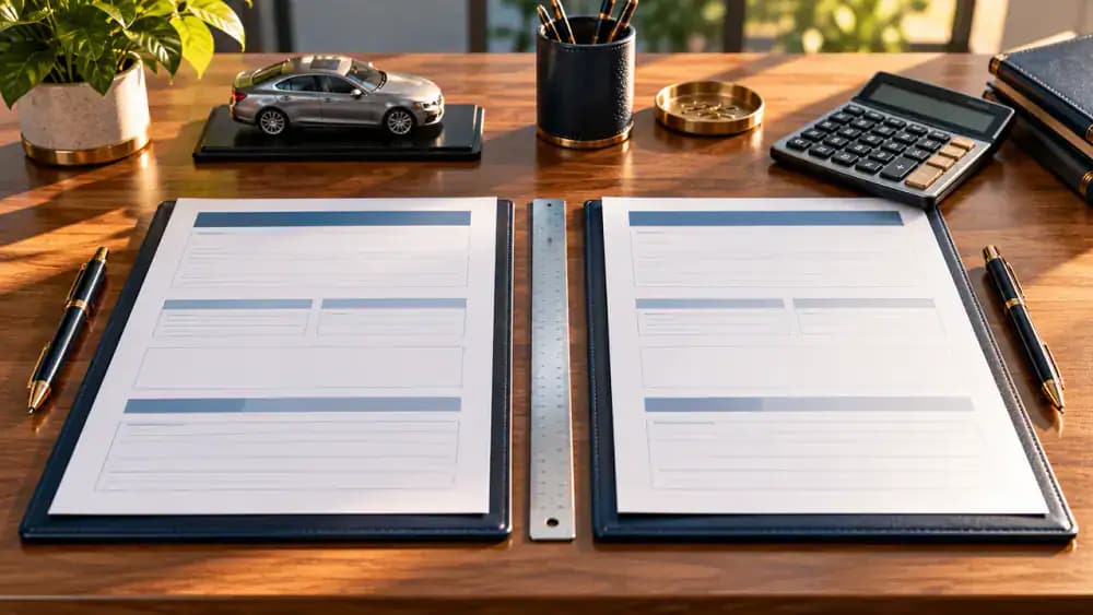 Two blank auto loan comparison sheets arranged side by side with a calculator and ruler.