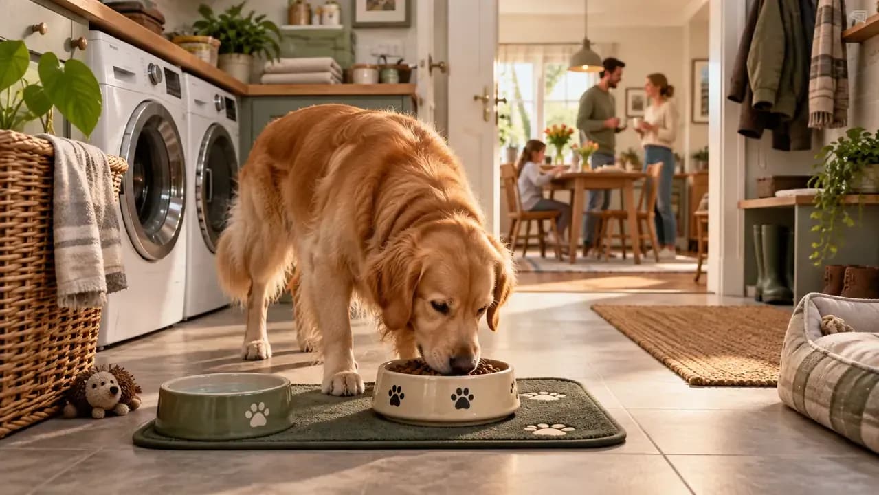 Owner replacing an overly difficult dog puzzle with a simpler sliding feeder