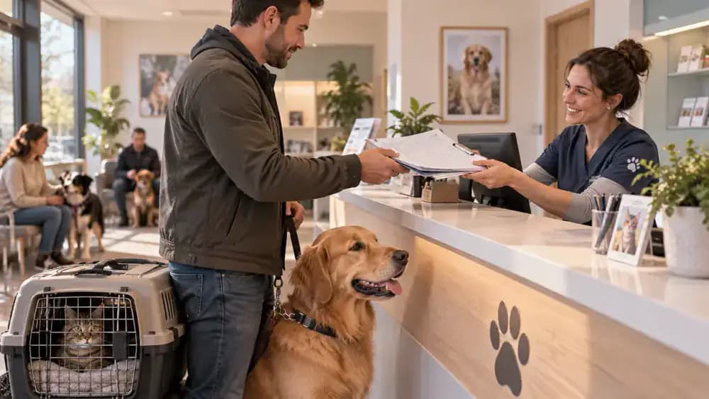 Owner handing veterinary records and a recent symptom note to a receptionist while holding a dog on a leash