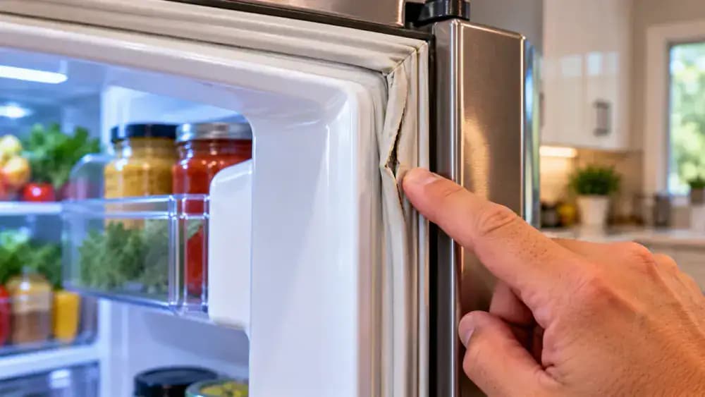 Close-up inspection of a gray refrigerator door gasket showing a small tear, surface cracks, and a permanently flattened section, with a person consulting the refrigerator manufacturer manual.
